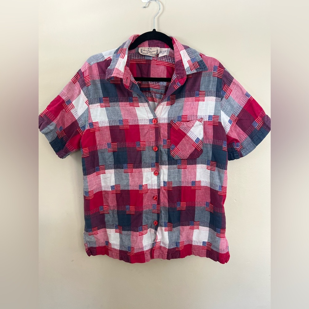 American Flag Checkered Short Sleeve Button Up 100% Cotton Women’s 1X